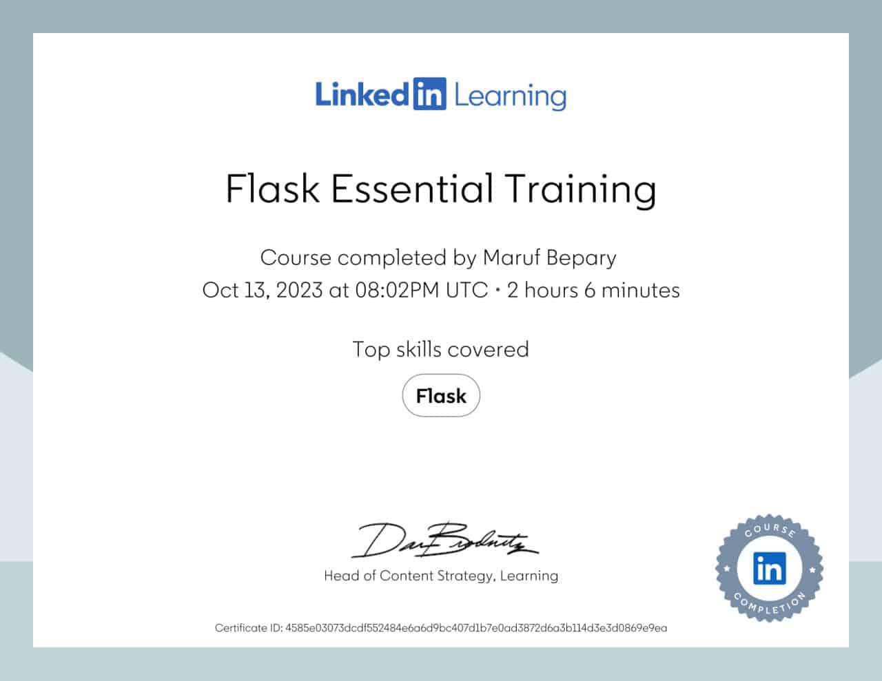 Flask Essential Training certificate image