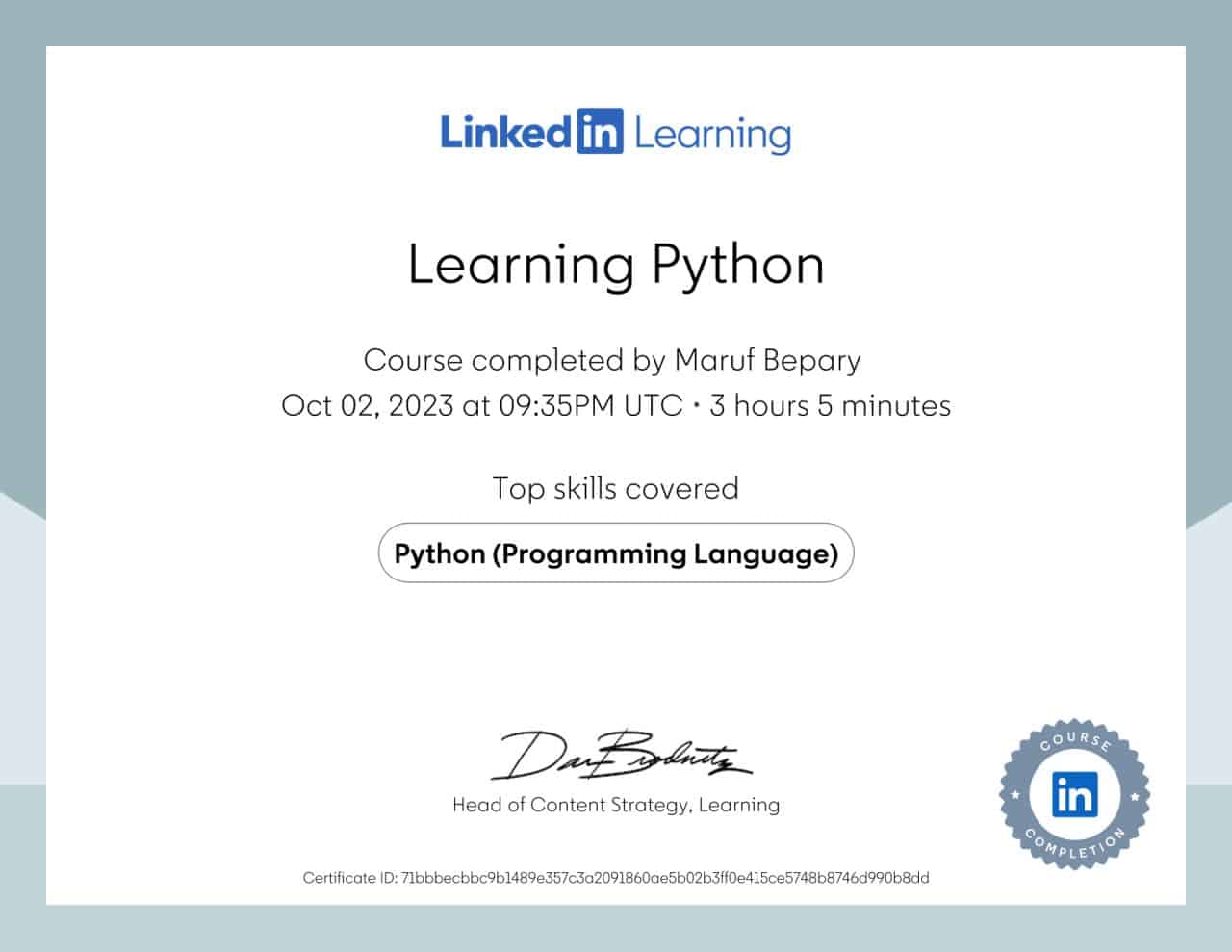 Learning Python certificate image